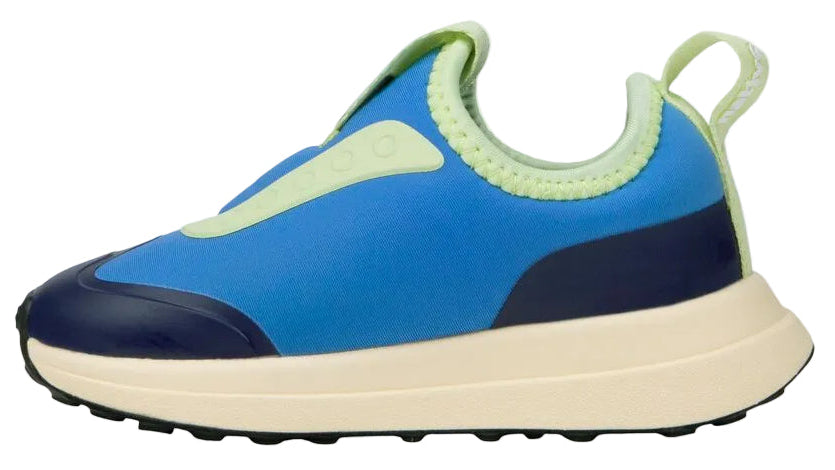 A side view of the Kids’ Robbie Dash Sneakers by Native Shoes, featuring a breathable blue and neon green mesh upper, a cream-colored sole, and black tread.