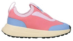 The Kids’ Robbie Dash Sneakers by Native Shoes, featuring pink, blue, and cream breathable mesh uppers with a thick sole and black tread, are shown in a side view against a white background.