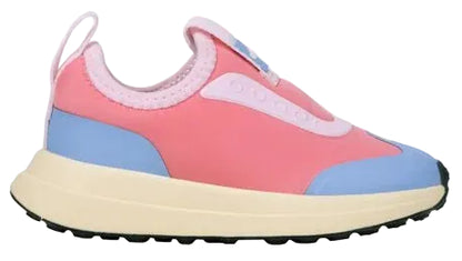 The Kids’ Robbie Dash Sneakers by Native Shoes, featuring pink, blue, and cream breathable mesh uppers with a thick sole and black tread, are shown in a side view against a white background.