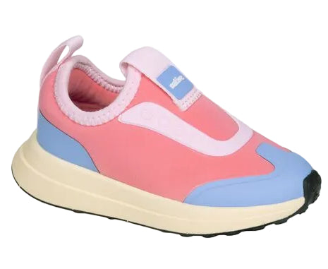 A pink, blue, and white Kids’ Robbie Dash Sneaker by Native Shoes, featuring a cream sole with black tread and breathable mesh construction, displayed at a slight angle on a white background.