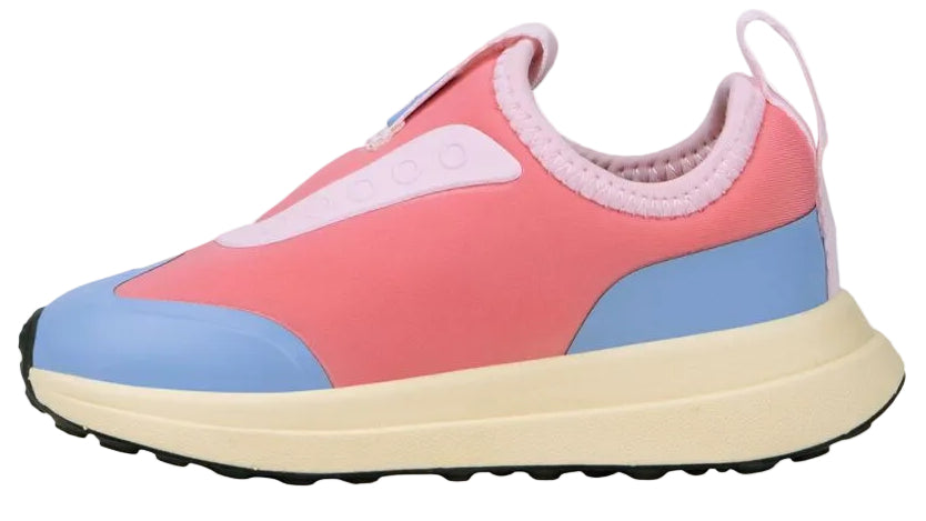 Introducing the Kids’ Robbie Dash Sneakers by Native Shoes, showcasing a playful pink mesh upper with breathable comfort, accented by light blue details on the toe and heel, paired with a cream midsole and sturdy black outsole—the perfect fusion of style and support for little ones.