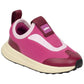 The Kids’ Robbie Dash Sneakers by Native Shoes feature a pink and burgundy design with a breathable mesh upper, cushioned midsole, white sole, and convenient pull tab at the heel, shown against a white background.