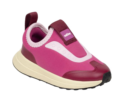 The Kids’ Robbie Dash Sneakers by Native Shoes feature a pink and burgundy design with a breathable mesh upper, cushioned midsole, white sole, and convenient pull tab at the heel, shown against a white background.