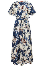 A white Altuzarra Paulina Dress with a belt, featuring blue and brown equestrian print, from Altuzarra.