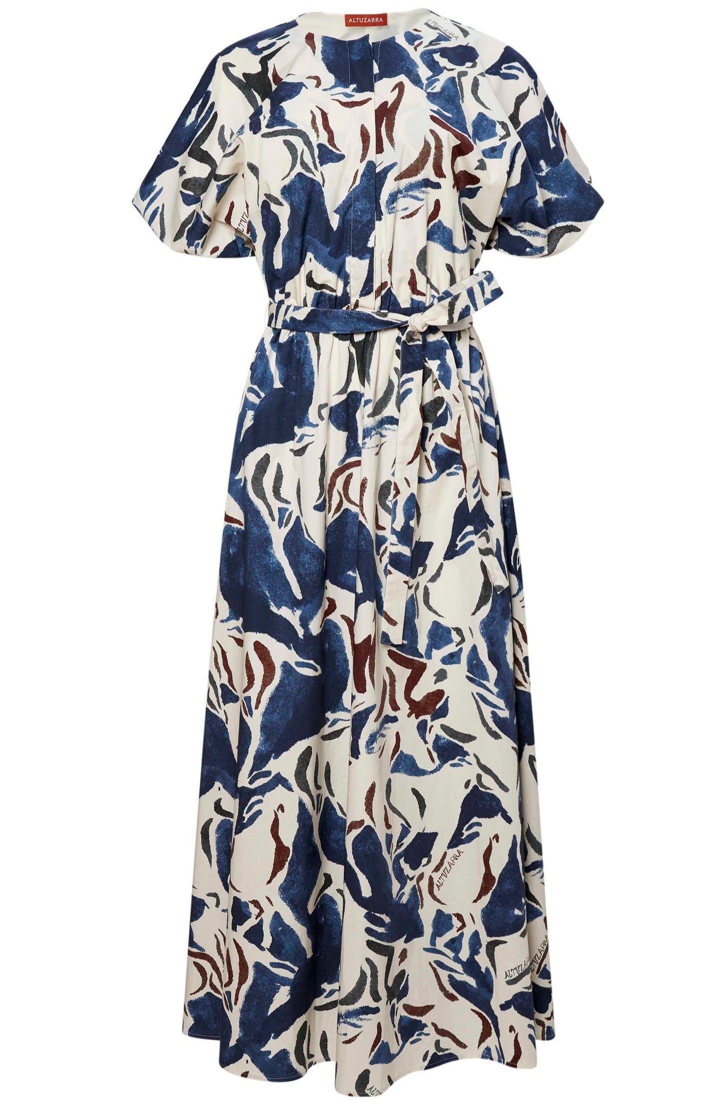 A white Altuzarra Paulina Dress with a belt, featuring blue and brown equestrian print, from Altuzarra.