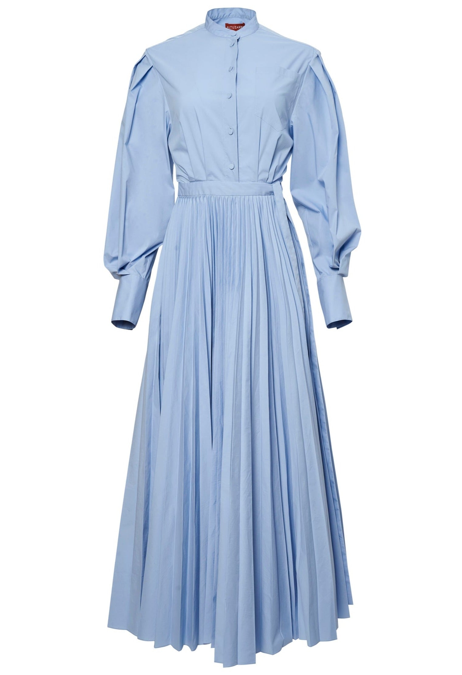 A long, light blue dress with a high collar, buttoned bodice, balloon sleeves, and a pleated full skirt featuring an elasticated back for added comfort—the Altuzarra Binoche Dress by Altuzarra.