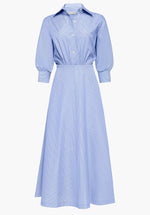 The Eleanor Dress by Altuzarra is a light blue, long-sleeved, collared midi cotton dress featuring a subtle pinstripe pattern, front button closure, and a fitted waist. Expertly crafted in Italy.