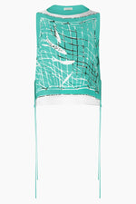 The Siggi Top by Altuzarra is a sleeveless teal and white silk piece featuring an abstract black and white graphic, wide neckline, side strings, and a loose fit.