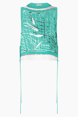 The Siggi Top by Altuzarra is a sleeveless teal and white silk piece featuring an abstract black and white graphic, wide neckline, side strings, and a loose fit.