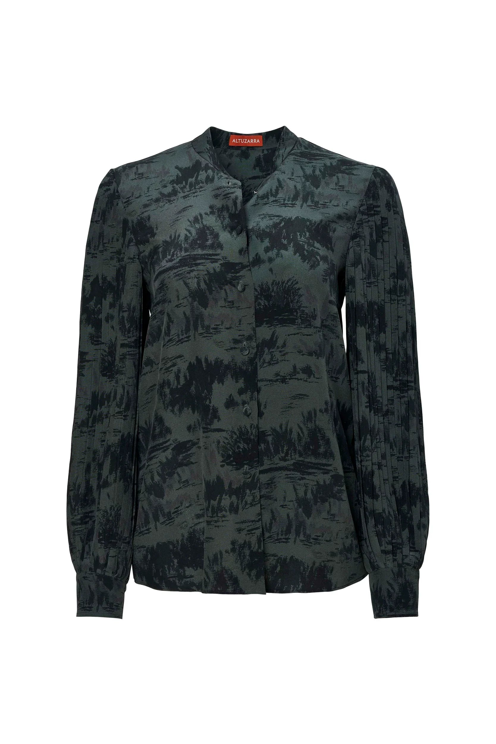 The Altuzarra Patsy Top is a black and dark green patterned long-sleeve blouse, featuring a mandarin collar, bishop sleeves, and a button-down front.