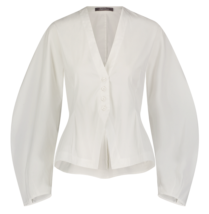 The Lela Rose Button Front Peplum Top in white cotton poplin features a V-neck, tailored waist, and long wide sleeves, shown on a plain background.