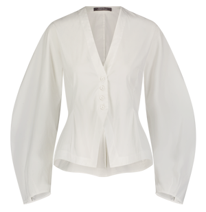 The Lela Rose Button Front Peplum Top in white cotton poplin features a V-neck, tailored waist, and long wide sleeves, shown on a plain background.