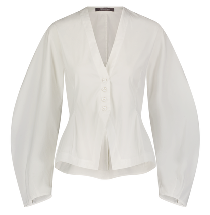The Lela Rose Button Front Peplum Top in white cotton poplin features a V-neck, tailored waist, and long wide sleeves, shown on a plain background.