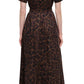 A person faces away, wearing the Adam Lippes Leighton Dress in brown and black leopard print Italian cotton poplin with a belt, paired with black boots and a ponytail.