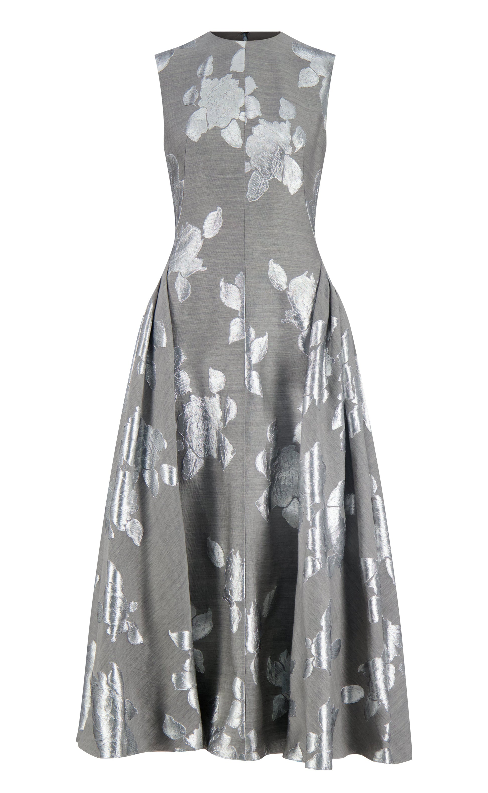 The Lela Rose Sleeveless A Line Floral Fil Coupe Dress features a metallic floral pattern, fitted bodice, and flared skirt. Displayed on a white background, it's perfect for special occasions.