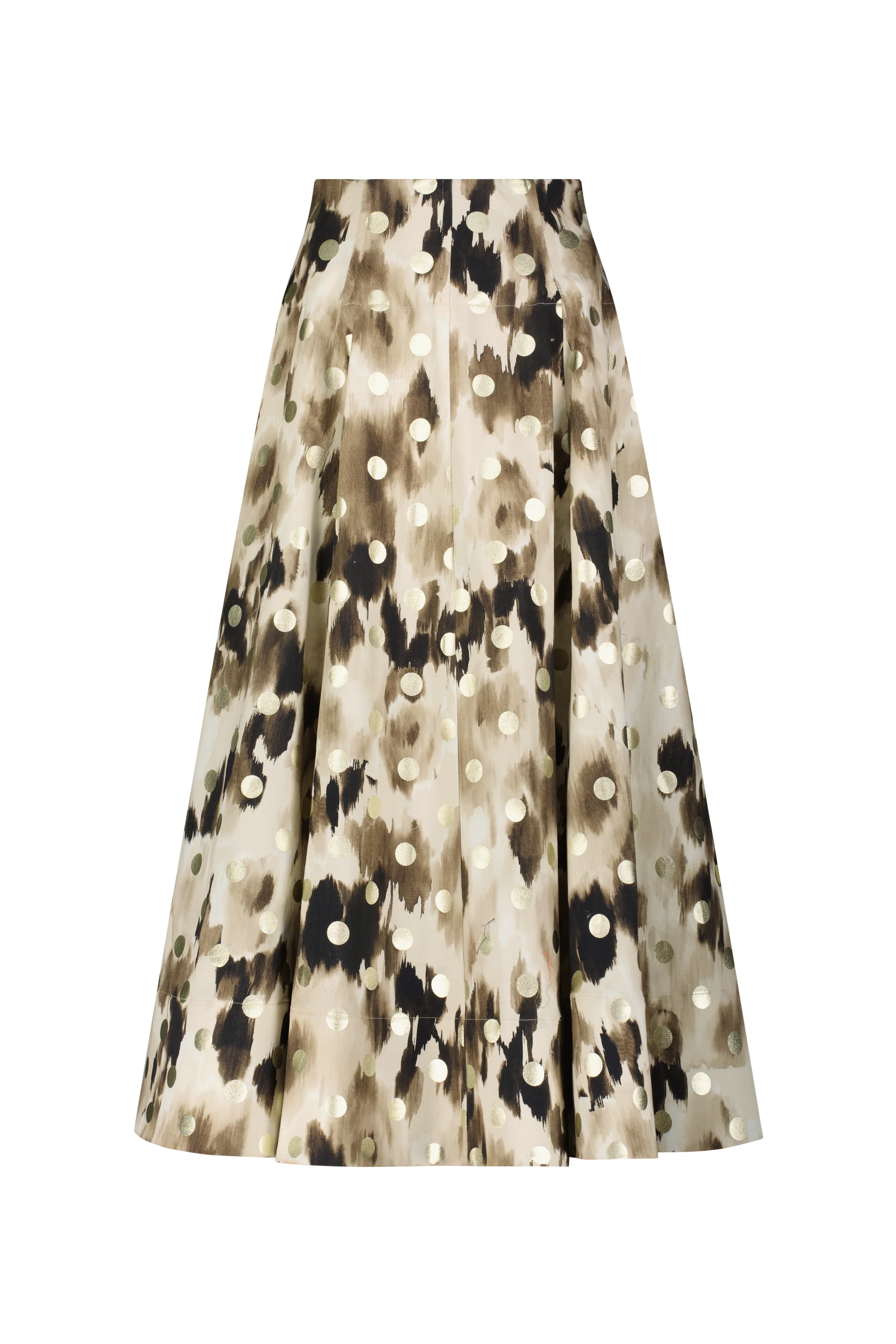 The Ikat Polka Parker Skirt by Lela Rose is a knee-length, high-waisted full skirt crafted from lightweight fabric and adorned with a beige, brown, and black abstract spot pattern.