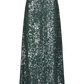 A knee-length Sequin Skirt by Lela Rose in dark green, embellished with shimmering sequins, displayed against a plain white background.
