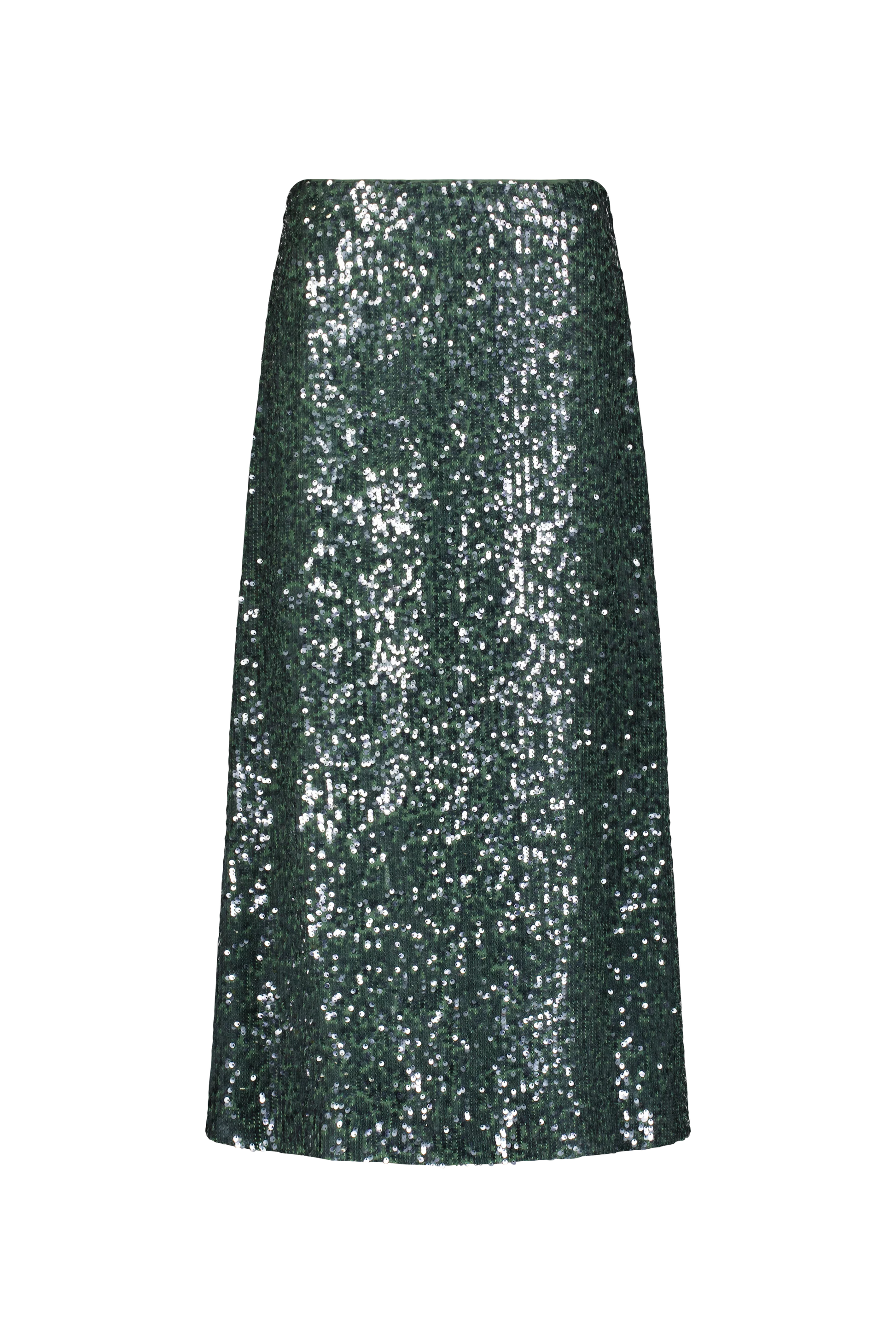 A knee-length Sequin Skirt by Lela Rose in dark green, embellished with shimmering sequins, displayed against a plain white background.