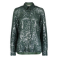 The Sequin Lucy Shirt by Lela Rose is a classic long-sleeve, button-up shirt adorned with dazzling dark green sequins. Featuring a crisp collar and cuffs, this striking piece stands out against a plain white background and serves as a true statement piece that effortlessly elevates any outfit.