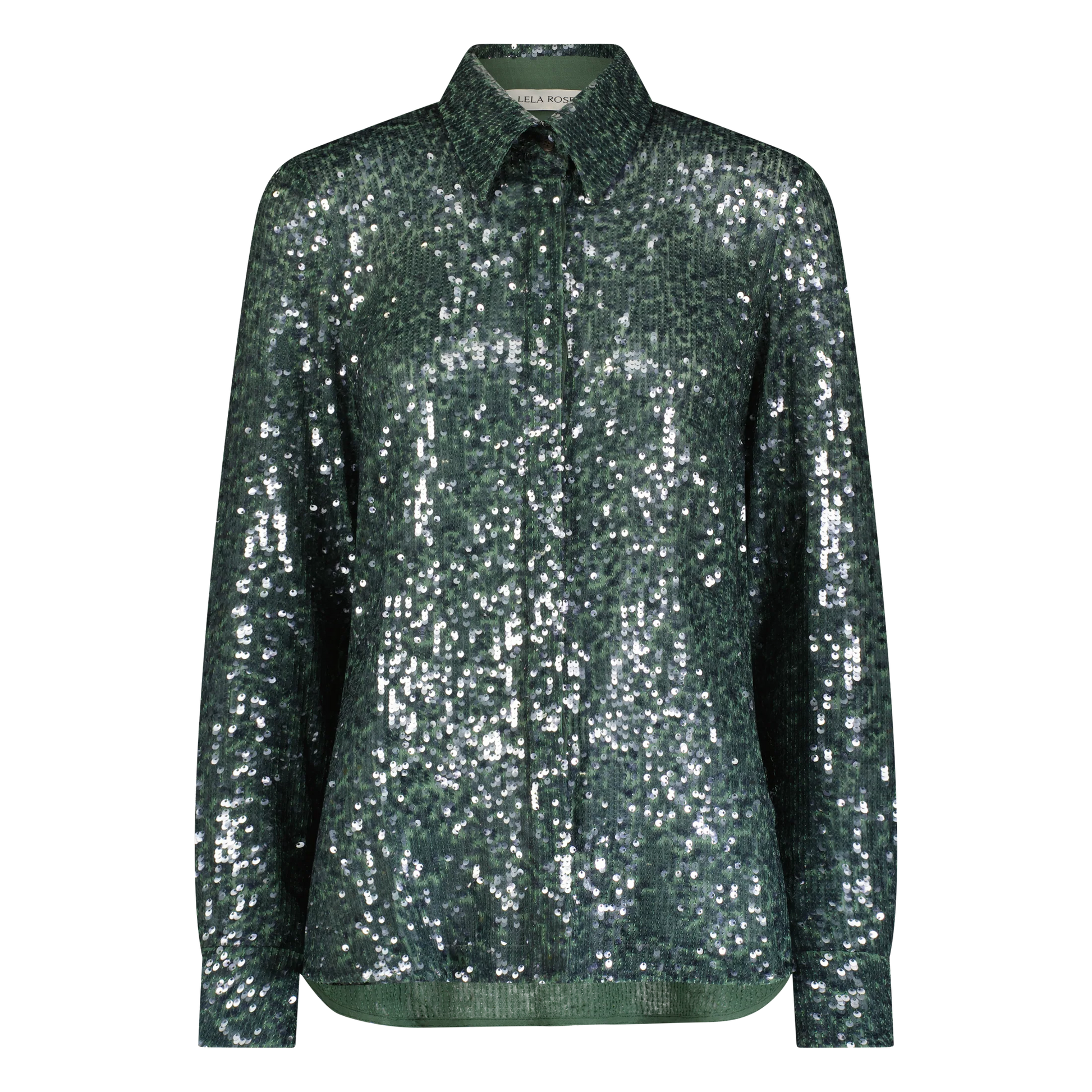 The Sequin Lucy Shirt by Lela Rose is a classic long-sleeve, button-up shirt adorned with dazzling dark green sequins. Featuring a crisp collar and cuffs, this striking piece stands out against a plain white background and serves as a true statement piece that effortlessly elevates any outfit.