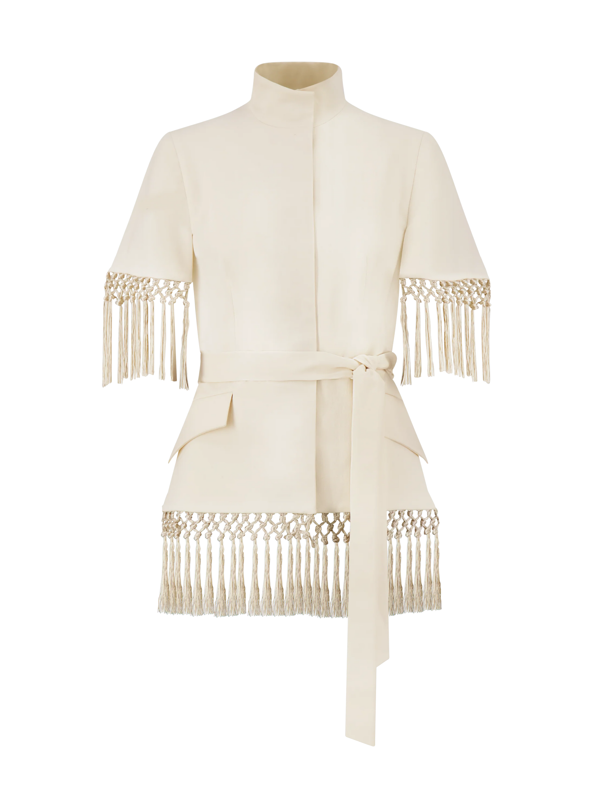 The Stretch Cotton Fringed Cape by Lela Rose features a cream hue, high collar, short sleeves, and fringe detailing at the sleeves and hem—drawing inspiration from western dressing while seamlessly blending classic flair with modern style.