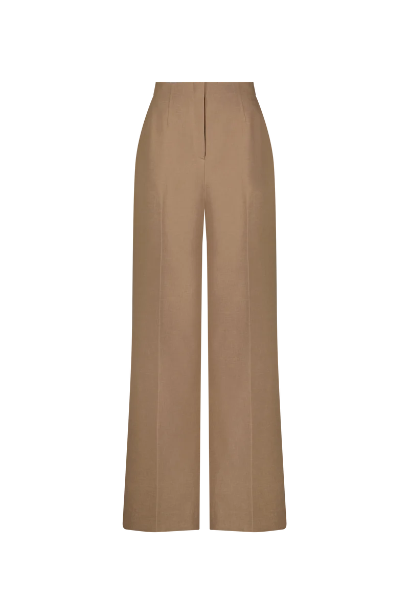 The Melange Crepe High Waisted Pant by Lela Rose features a tan hue, tailored leg, and front seam detailing, crafted from melange crepe and displayed against a plain white background.