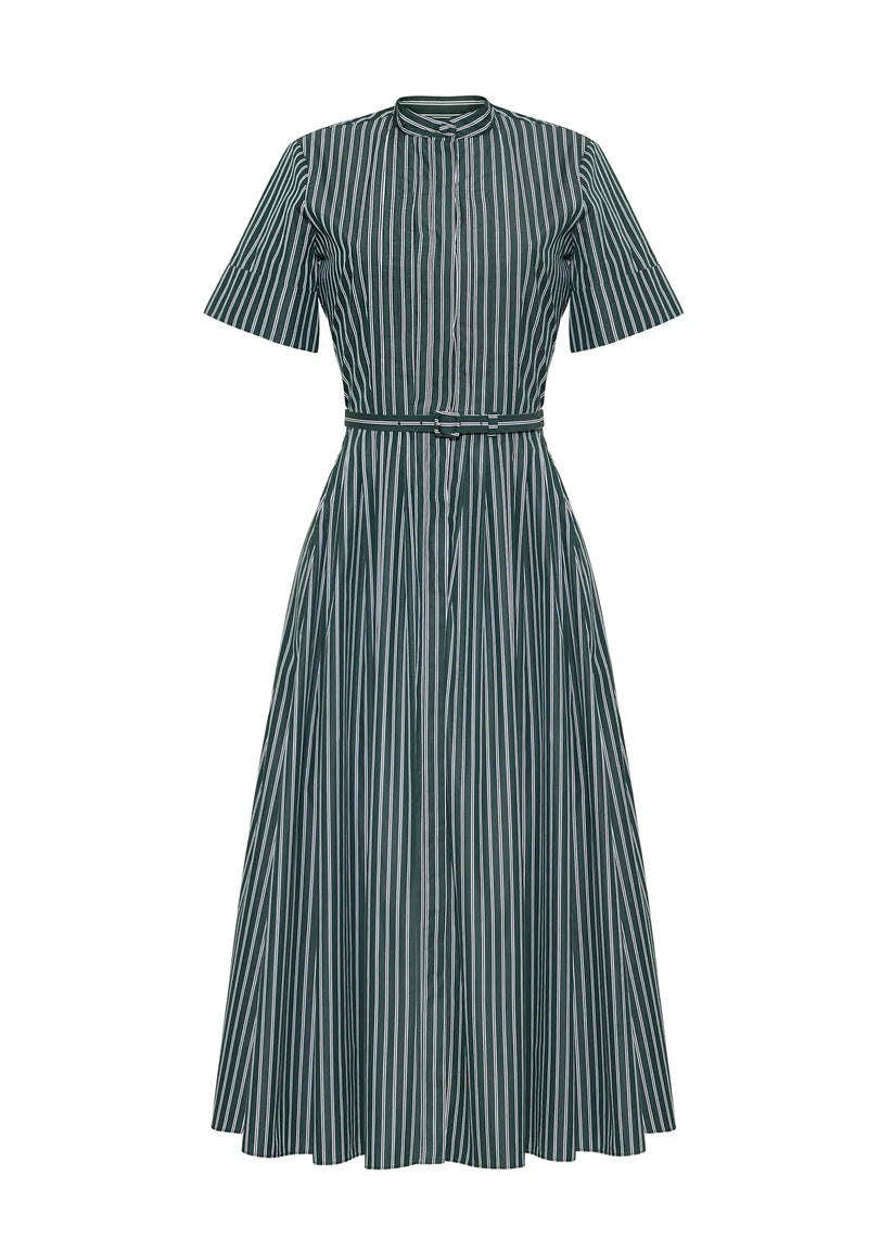 The Doron Stripe Shirting Dress by Adam Lippes features green and white stripes, organic cotton, short sleeves, mandarin collar, fitted waist, and a matching belt.