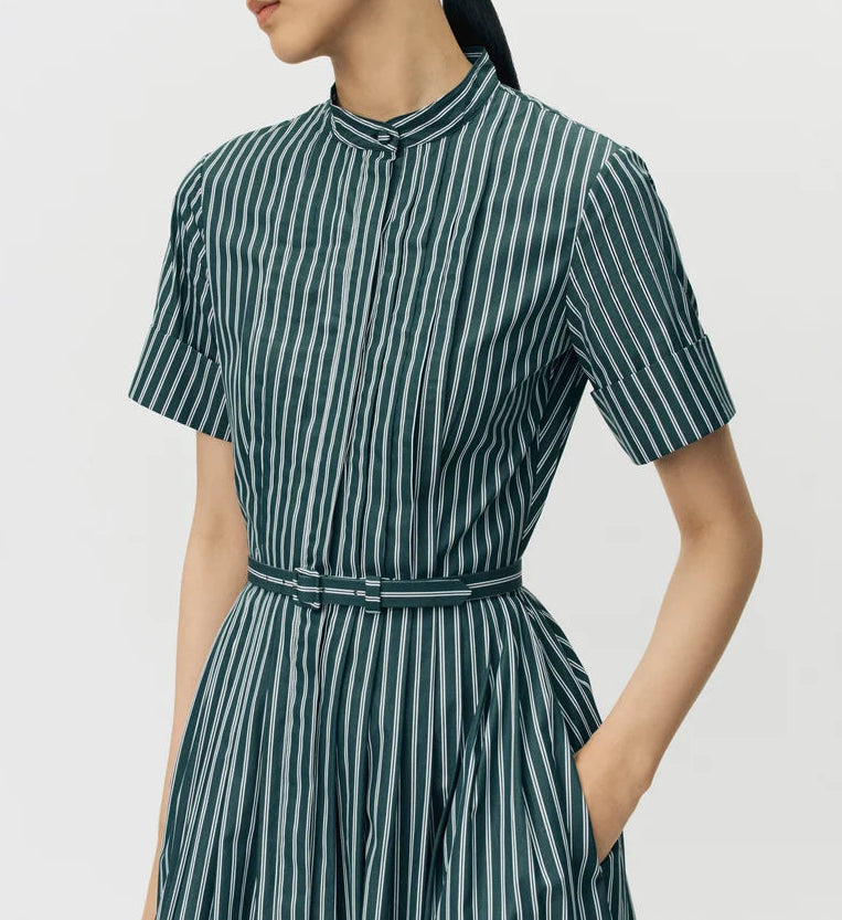 A person wears the Doron Stripe Shirting Dress by Adam Lippes—green with white vertical stripes, short sleeves, belted waist, mandarin collar, hands in pockets.