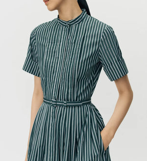 A person wears the Doron Stripe Shirting Dress by Adam Lippes—green with white vertical stripes, short sleeves, belted waist, mandarin collar, hands in pockets.