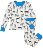 The Hatley Boys’ Bandana Dogs Bamboo Pajama Set features a playful pattern of illustrated dogs in various poses and colors on a white background with blue cuffs. Crafted from ultra-soft bamboo fabric, this kids’ sleepwear provides cozy comfort all night long.