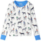 The Hatley Boys’ Bandana Dogs Bamboo Pajama Set features a white long-sleeve shirt with blue collar and cuffs, adorned with an all-over print of illustrated pups sporting colorful bandanas—an ideal choice for cozy kids’ sleepwear or charming dog-themed pajamas.