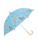The Hatley Kids’ Umbrella features a sturdy wooden handle and a durable polyester canopy, adorned with playful illustrations of dogs in various poses and colors.