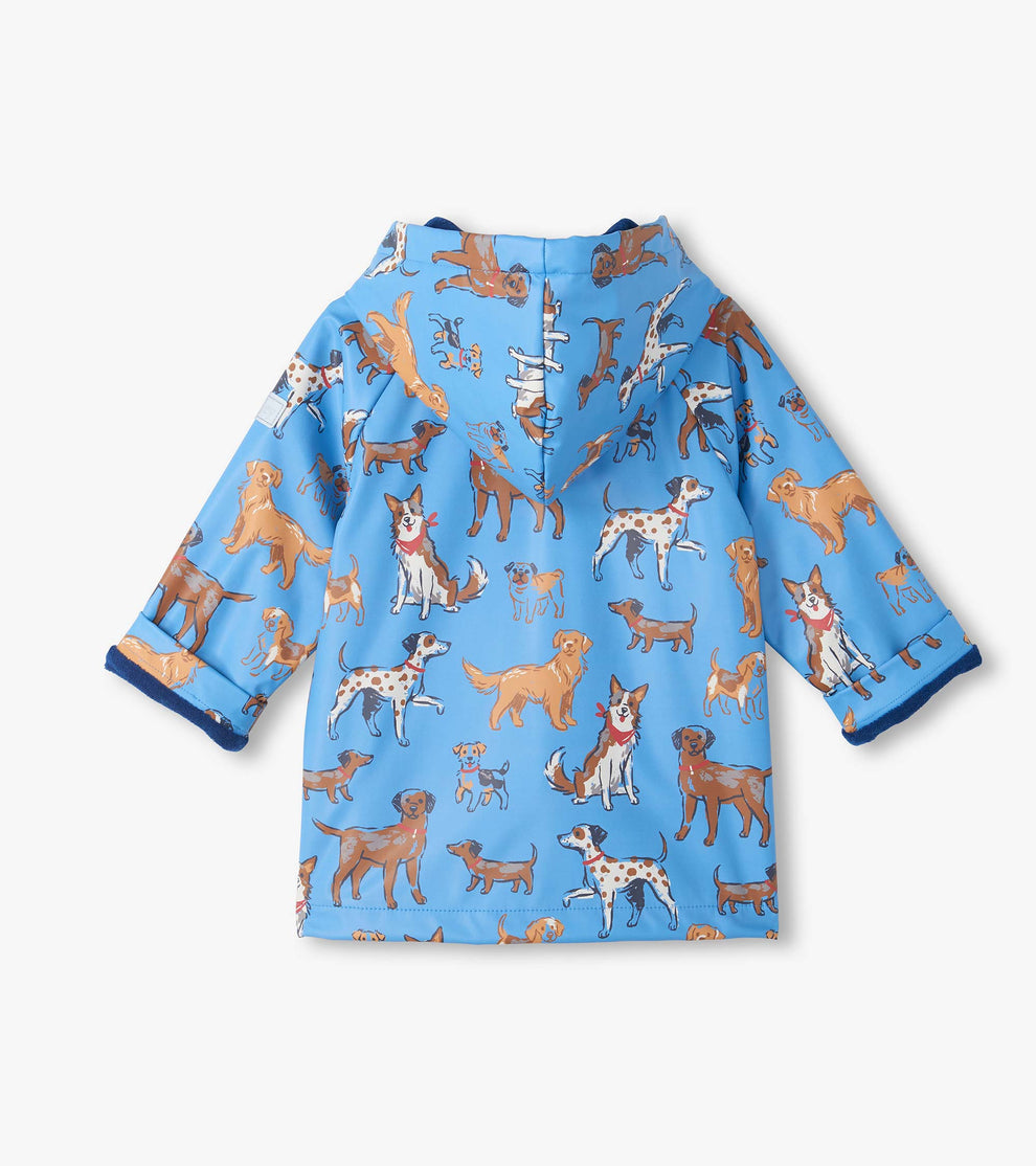 Hatley Baby Boys’ and Boys’ Blue Little Pups Rain Coat with a hood, featuring an illustrated print of various dog breeds in different poses.