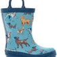 Hatley Blue Pups Rain Boots with Handles feature a playful puppy print of various cartoon dogs in different poses and colors, with a blue sole and handle.