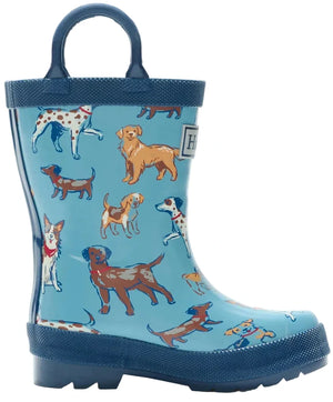 Hatley Blue Pups Rain Boots with Handles feature a playful puppy print of various cartoon dogs in different poses and colors, with a blue sole and handle.