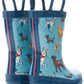 Hatley Blue Pups Rain Boots with Handles feature colorful dog print illustrations and bold red stripes on the back, making them perfect for kids.