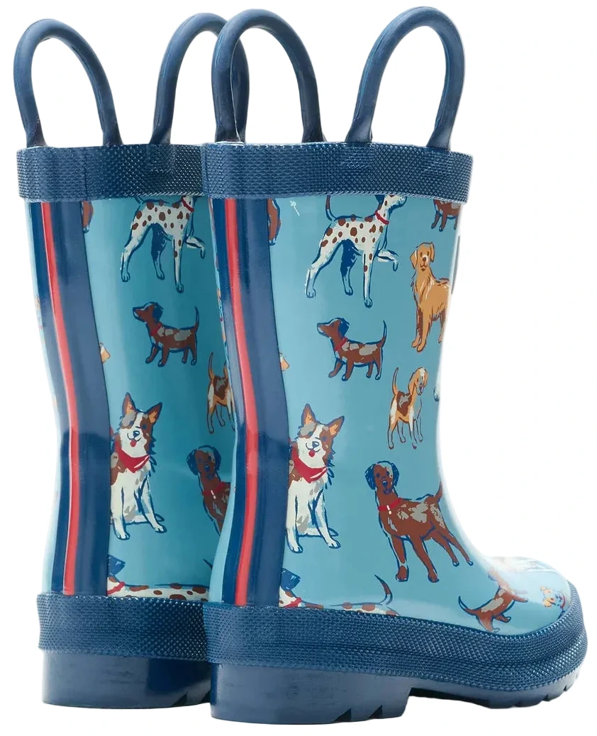 Hatley Blue Pups Rain Boots with Handles feature colorful dog print illustrations and bold red stripes on the back, making them perfect for kids.