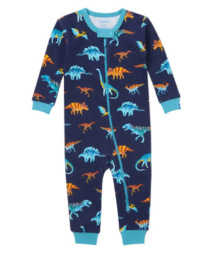 Hatley’s Baby Boys’ Colourful Dinos Cotton Rib Coverall features a navy blue design with long sleeves, teal cuffs, and a vibrant all-over dinosaur print in blue and orange. A front zipper closure makes this cozy footless sleeper perfect for easy and quick changes.
