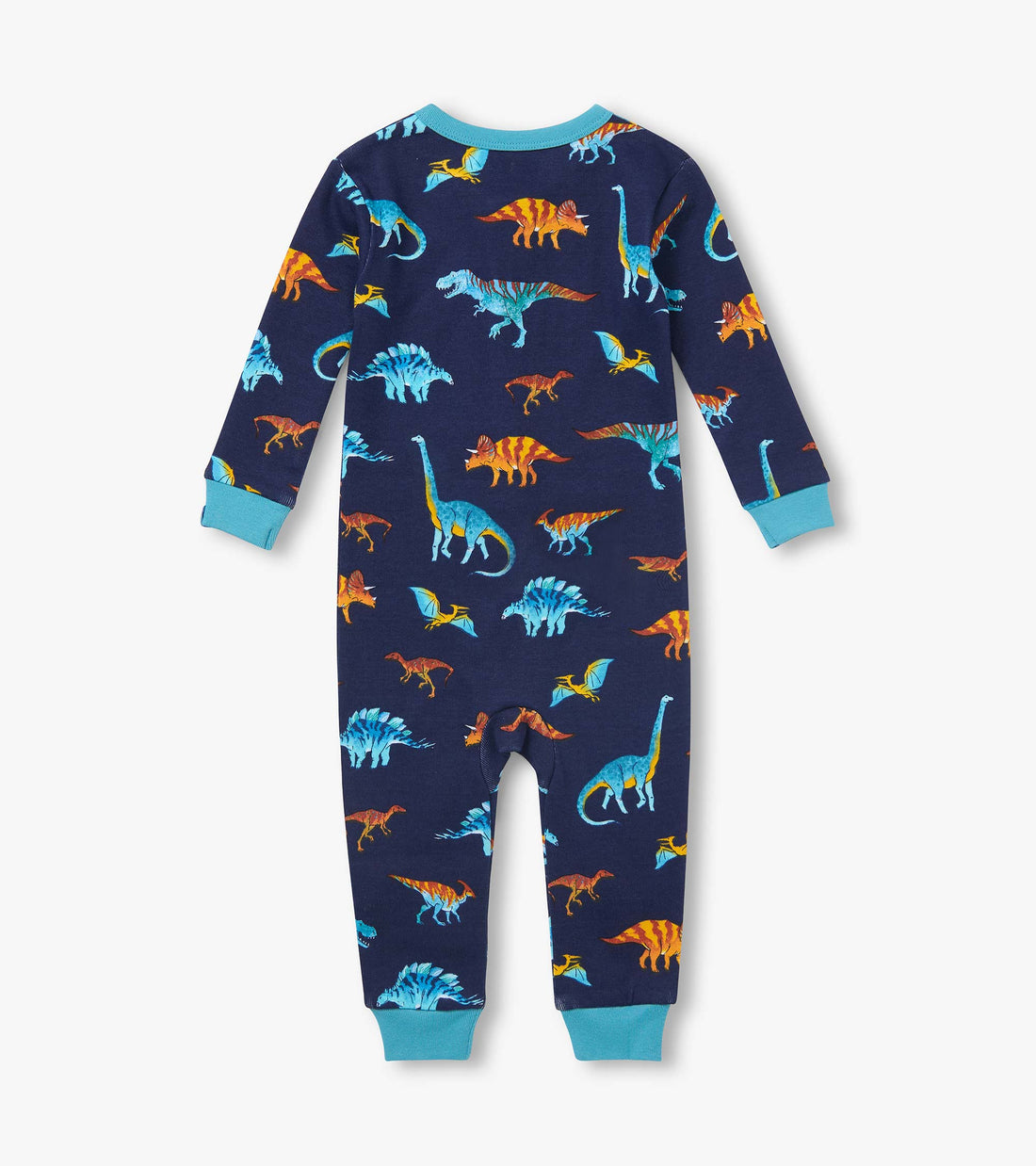 Hatley Baby Boys’ Colourful Dinos Cotton Rib Coverall features vibrant dinosaur prints on a navy blue background, with light blue cuffs at the sleeves and ankles. Shown from the back, this cozy footless sleeper is ideal for both bedtime and playtime.