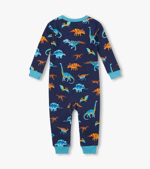 Hatley Baby Boys’ Colourful Dinos Cotton Rib Coverall features vibrant dinosaur prints on a navy blue background, with light blue cuffs at the sleeves and ankles. Shown from the back, this cozy footless sleeper is ideal for both bedtime and playtime.