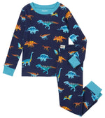 The Boys’ Colourful Dinos Cotton Rib Pajama Set by Hatley, featuring a navy blue base and light blue cuffs, is adorned with vibrant dinosaur prints and displayed flat against a white background. Made from soft organic cotton, these cozy pajamas offer sustainable and comfortable sleepwear for kids.