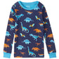 Hatley’s Boys’ Colourful Dinos Cotton Rib Pajama Set features a long-sleeve navy blue shirt adorned with vibrant orange, blue, and yellow dinosaur illustrations, including various species, and is finished with light blue collar and cuffs. Made from soft organic cotton, these cozy pajamas are perfect sleepwear for dinosaur-loving kids.