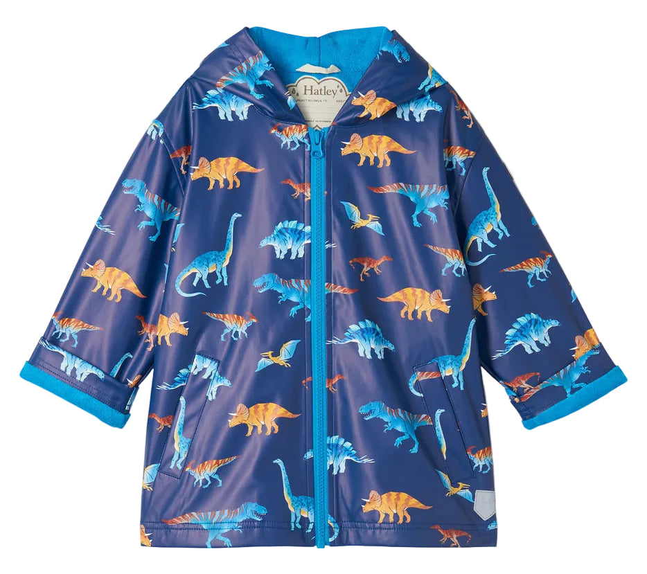 Hatley Boys’ Colourful Dinos Rain Coat—a blue hooded kids raincoat featuring vibrant dinosaur print and a front zipper closure.
