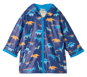 Hatley Boys’ Colourful Dinos Rain Coat—a blue hooded kids raincoat featuring vibrant dinosaur print and a front zipper closure.