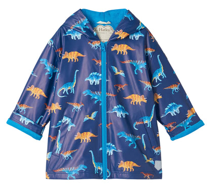 Hatley Boys’ Colourful Dinos Rain Coat—a blue hooded kids raincoat featuring vibrant dinosaur print and a front zipper closure.