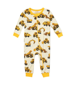 Hatley’s Baby Boys’ Construction Trucks Bamboo Overall is a comfortable, footless, long-sleeve coverall for infants, featuring yellow trim and an allover construction trucks print.