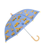 The Hatley Kids’ Umbrella showcases a sturdy wooden curved handle and a durable polyester canopy, adorned with bright yellow construction vehicles like dump trucks, excavators, and bulldozers on a blue background.