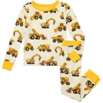 The Hatley Boys’ Construction Trucks Bamboo Pajama Set features long sleeves and pants with a cream background, yellow cuffs, and a fun yellow construction vehicle pattern—these cozy pajamas are perfect sleepwear for kids.