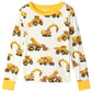 The Hatley Boys’ Construction Trucks Bamboo Pajama Set features a children’s long-sleeve shirt with a yellow neckline and cuffs, decorated with an all-over print of dump trucks, excavators, and cement mixers. Crafted from soft bamboo jersey, these pajamas are perfect for cozy nights and comfortable kids’ sleepwear.