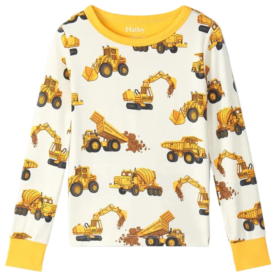 The Hatley Boys’ Construction Trucks Bamboo Pajama Set features a children’s long-sleeve shirt with a yellow neckline and cuffs, decorated with an all-over print of dump trucks, excavators, and cement mixers. Crafted from soft bamboo jersey, these pajamas are perfect for cozy nights and comfortable kids’ sleepwear.
